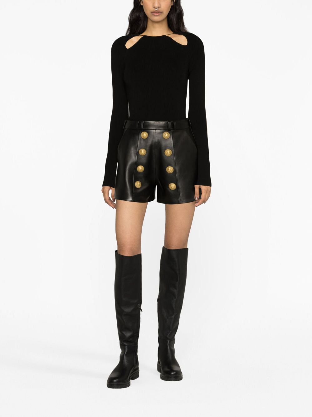 Women's Embossed Gold Tone Buttons Leather Shorts