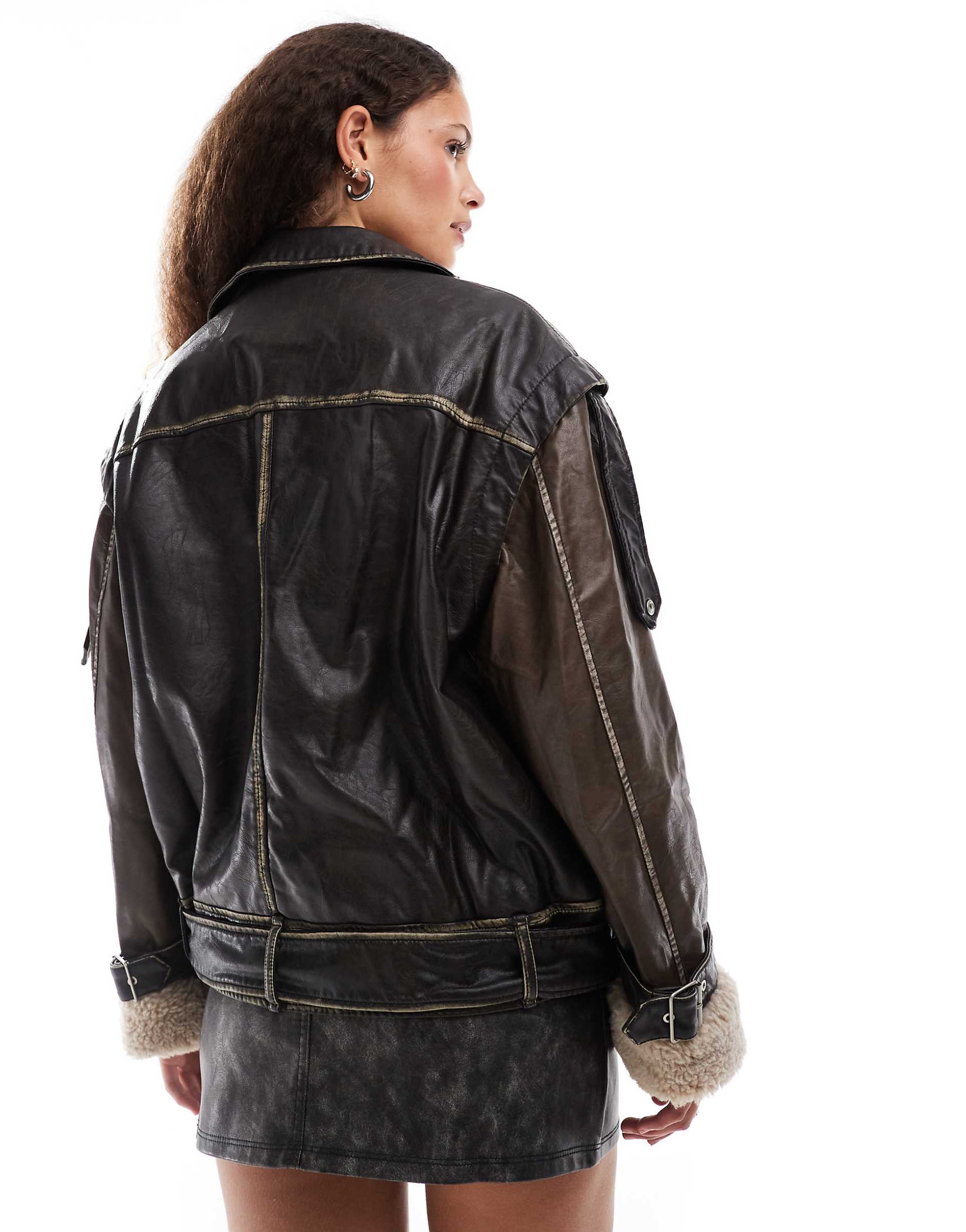 Women's Faux Fur Cuff Leather Biker Jacket