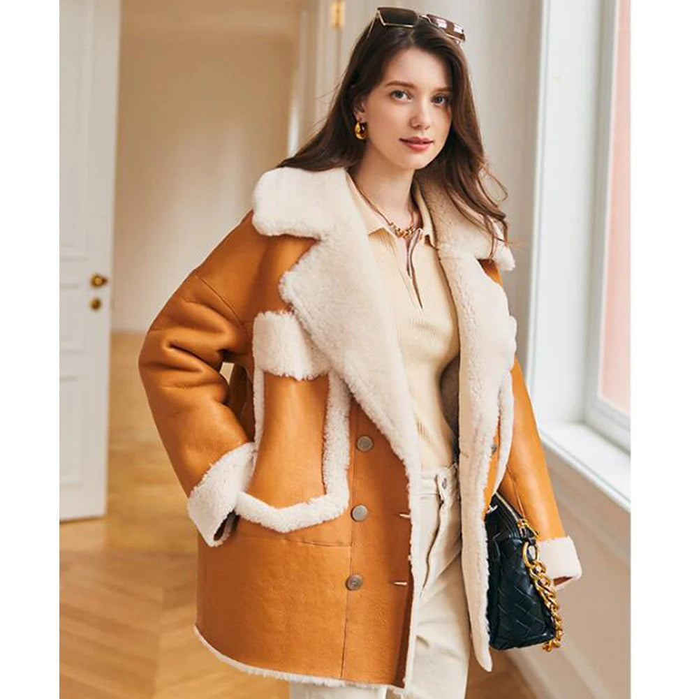 Women's Faux Fur & Shearling Sheepskin Leather Coat