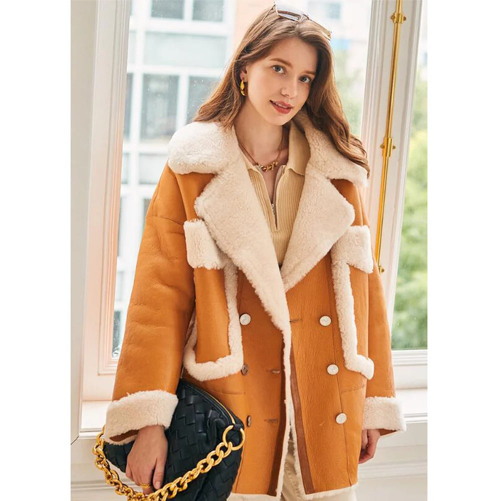 Women's Faux Fur & Shearling Sheepskin Leather Coat
