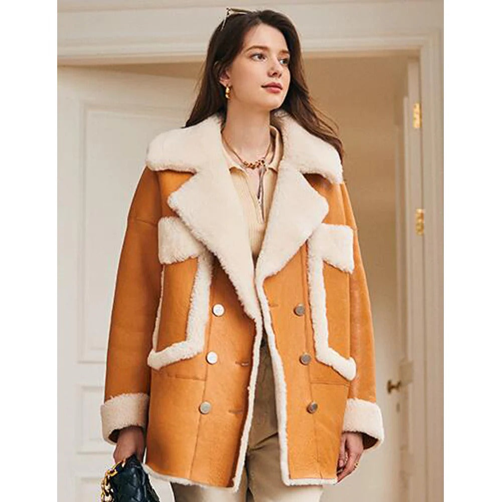 Women's Faux Fur & Shearling Sheepskin Leather Coat