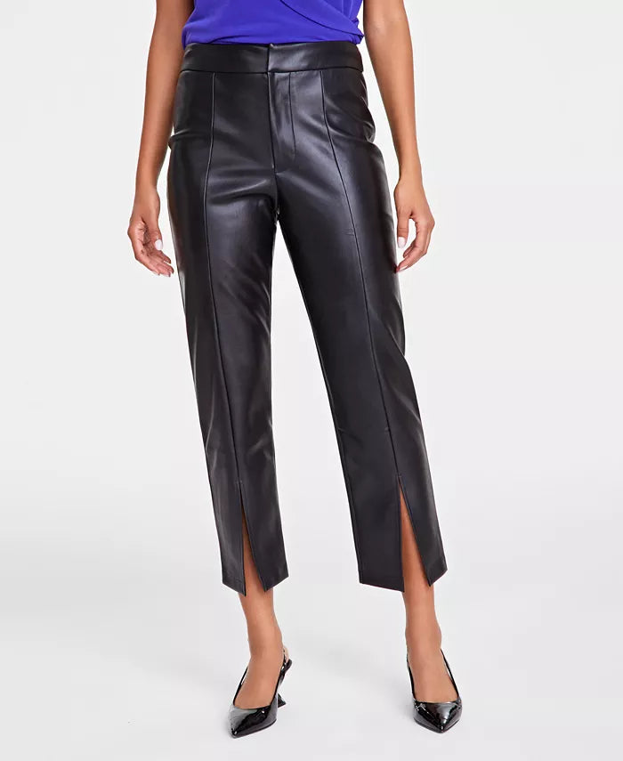 Women's Faux Leather Front Slit Straight Pants