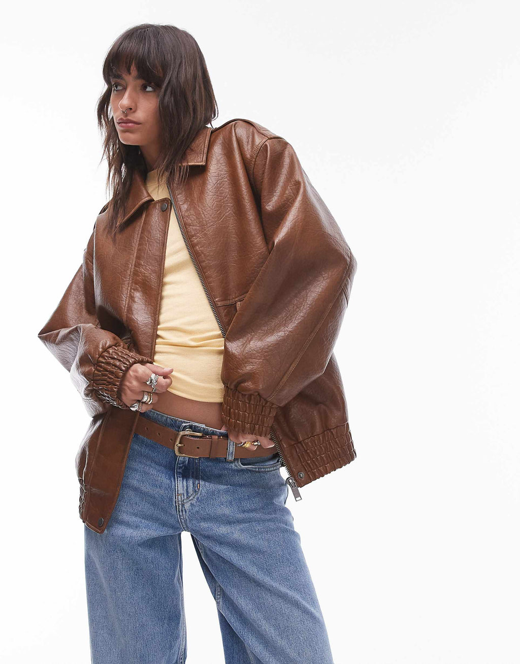 Women's Faux Leather Oversized Fit Bomber Jacket