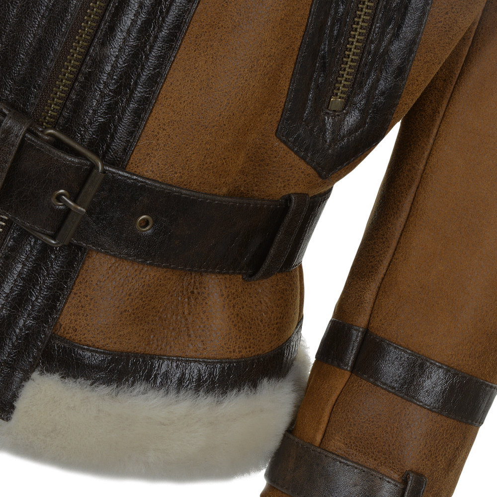 Women's Fitted Belt Cuff Sheepskin Aviator Leather Jacket