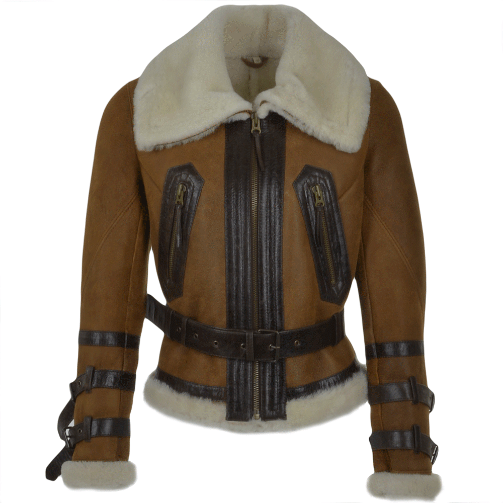 Damen-Fliegerjacke aus Schaffell mit Gürtelmanschetten