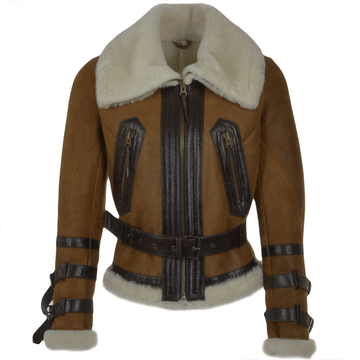Damen-Fliegerjacke aus Schaffell mit Gürtelmanschetten