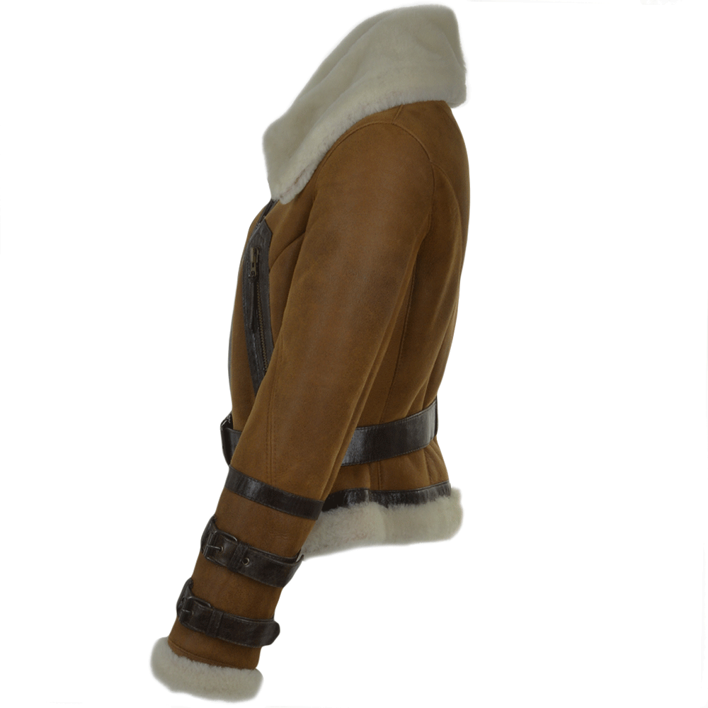 Women's Fitted Belt Cuff Sheepskin Aviator Leather Jacket