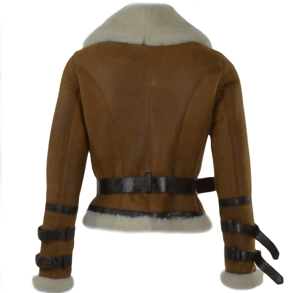 Women's Fitted Belt Cuff Sheepskin Aviator Leather Jacket