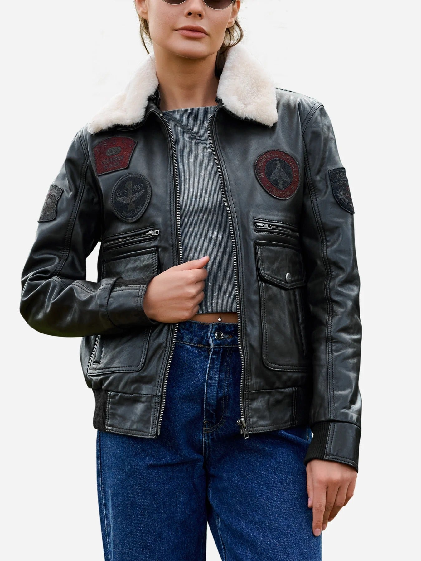 Damen Flight Aviator Bomber Lederjacke