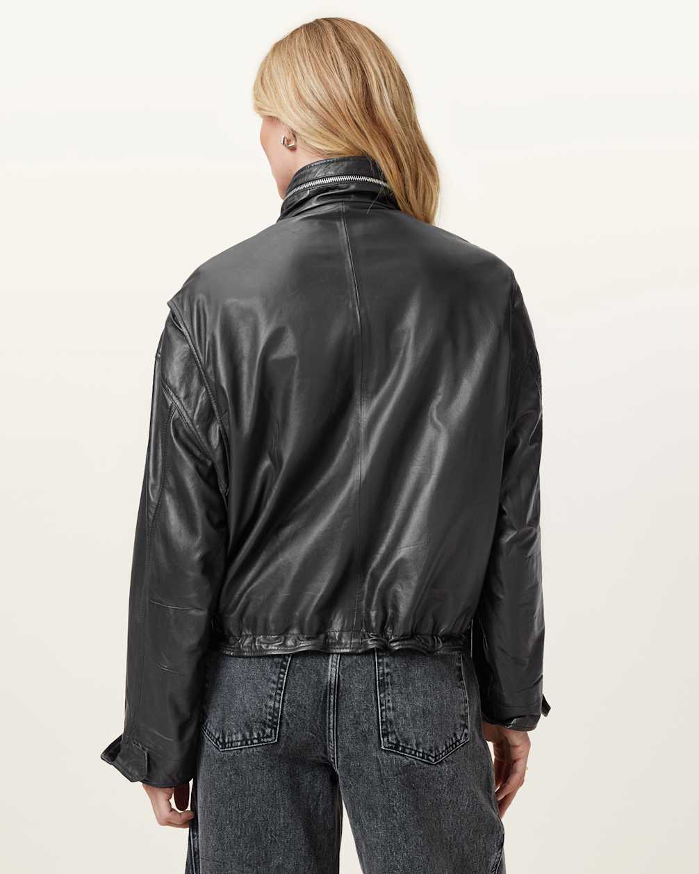 Women's Funnel Neck Cropped Leather Jacket