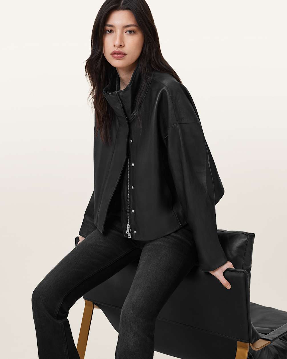 Women's Funnel Neck Leather Jacket