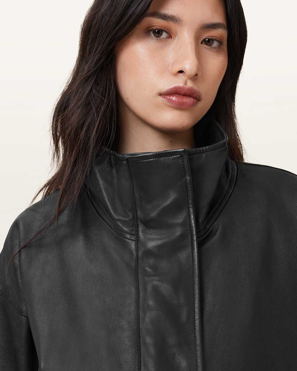 Women's Funnel Neck Leather Jacket