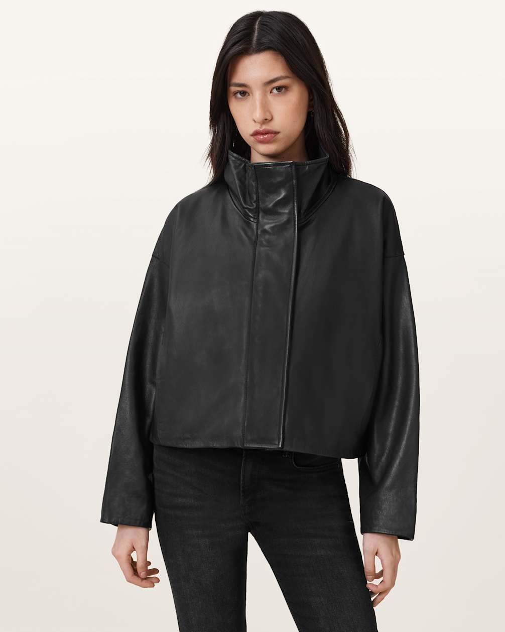 Women's Funnel Neck Leather Jacket