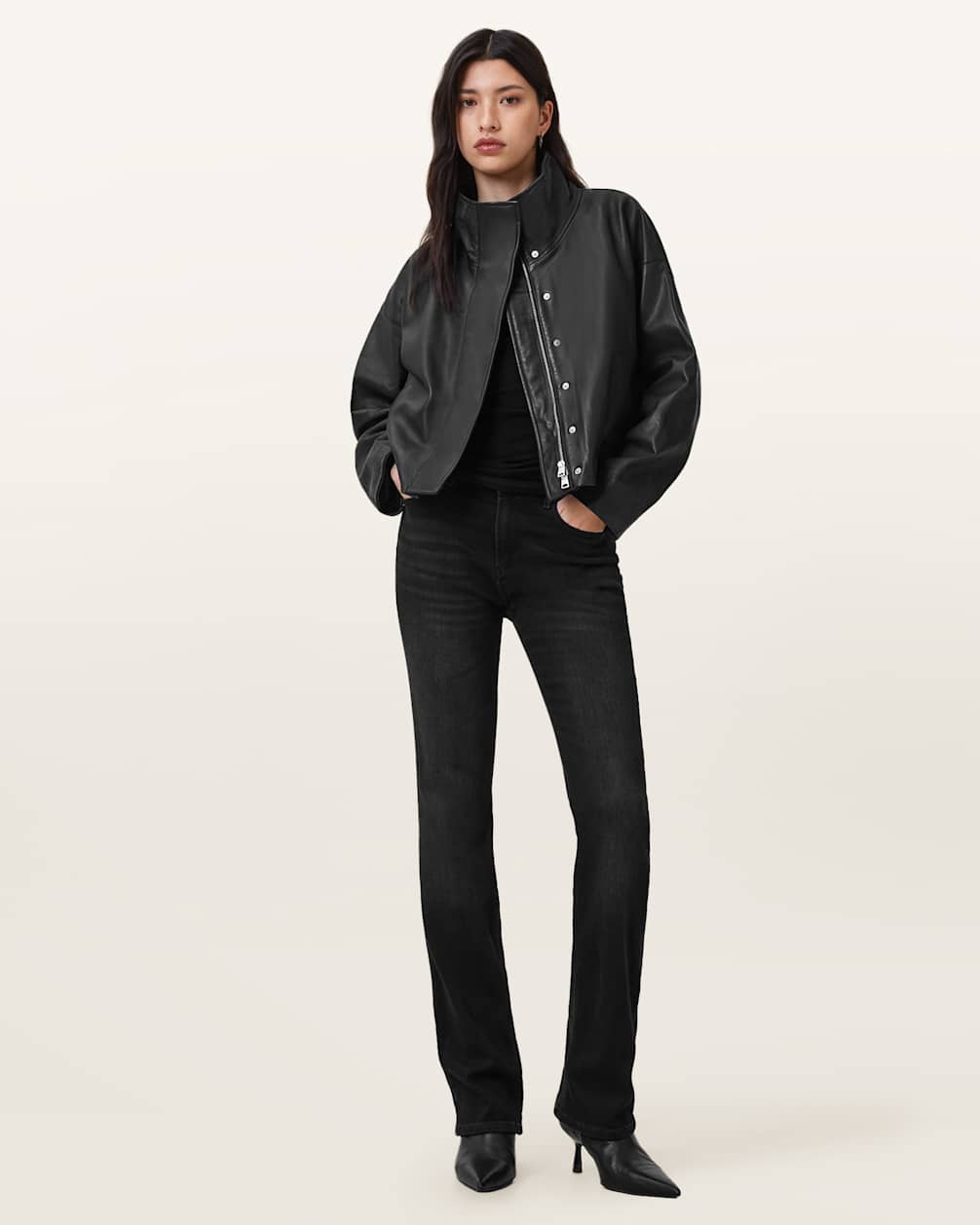 Women's Funnel Neck Leather Jacket