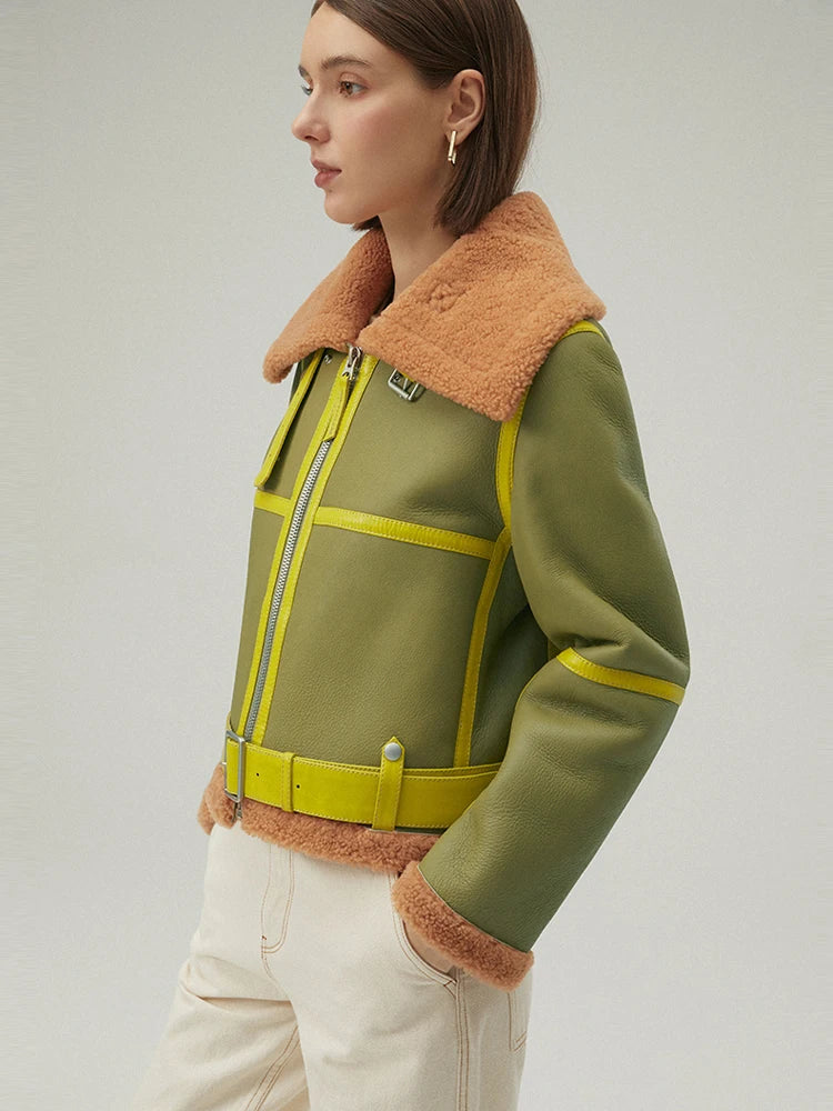 Women's Fur & Shearling Green Leather Jacket