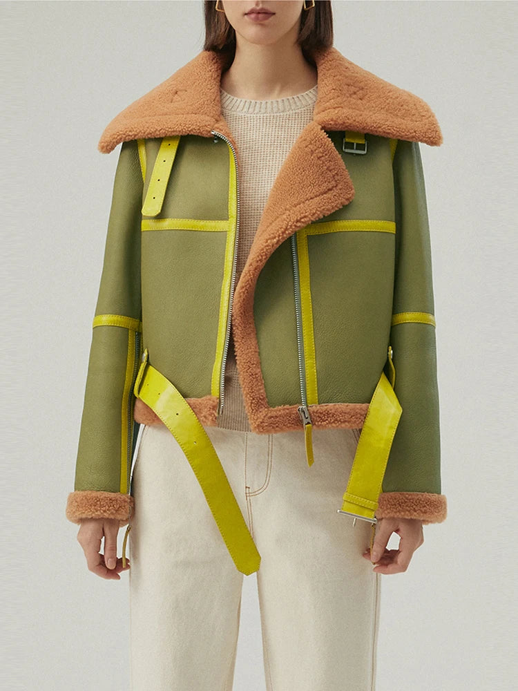 Women's Fur & Shearling Green Leather Jacket