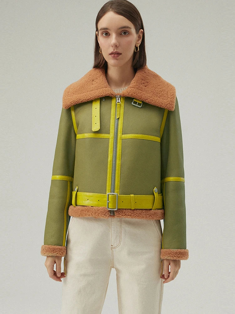 Women's Fur & Shearling Green Leather Jacket