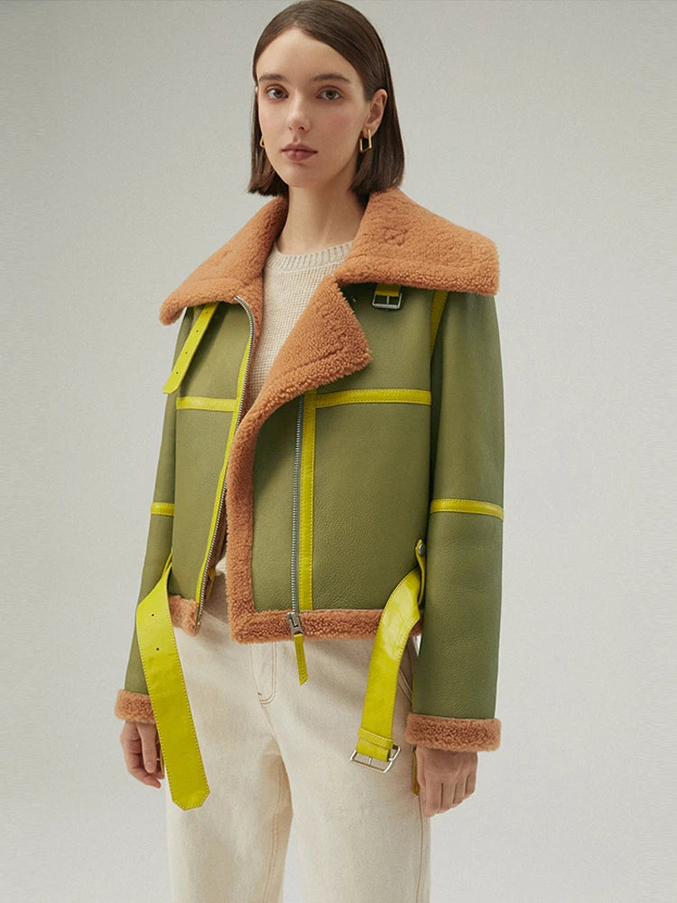 Women's Fur & Shearling Green Leather Jacket