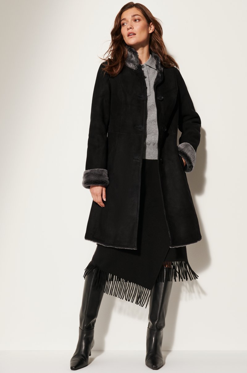 Women's Black Fur & Shearling Long Leather Coat