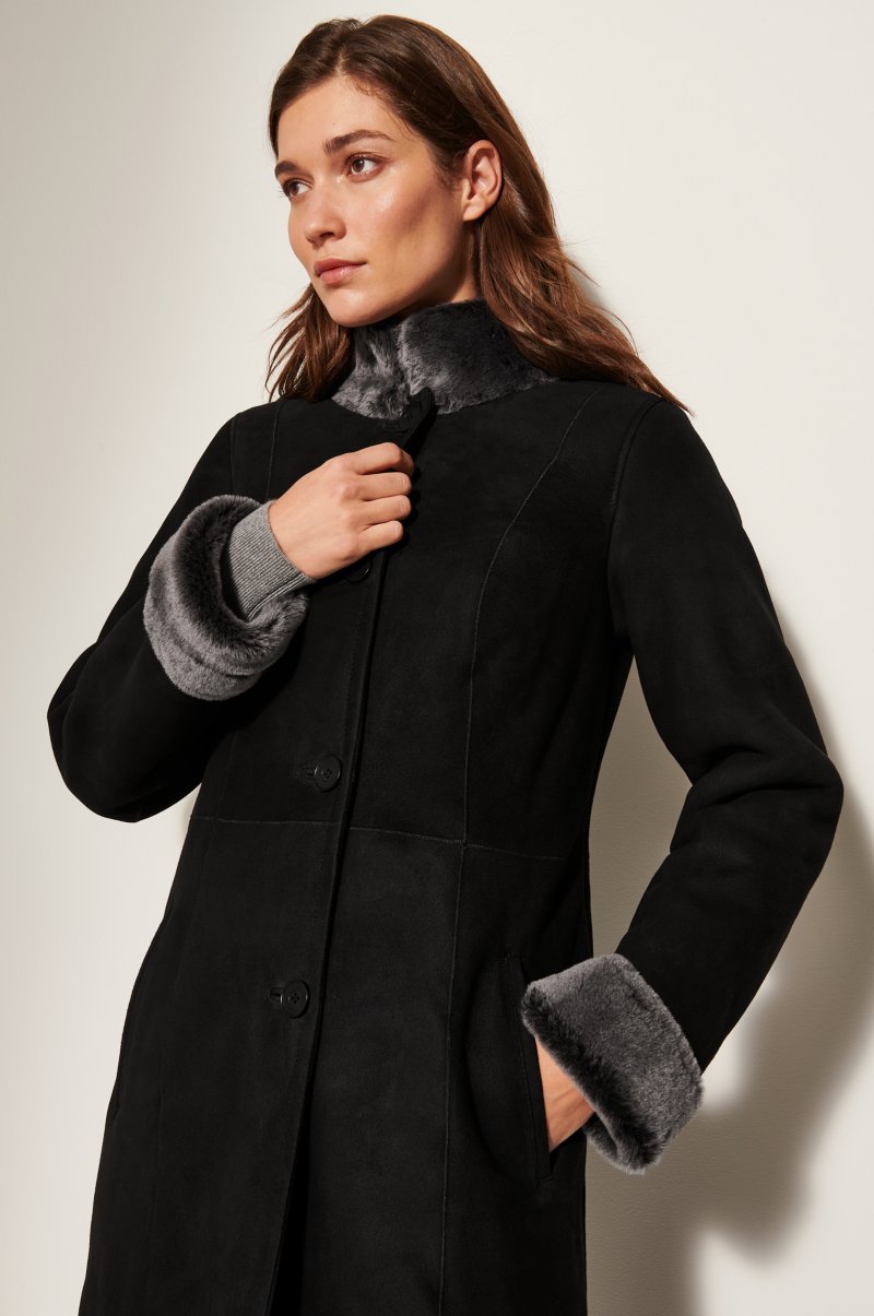Women's Black Fur & Shearling Long Leather Coat