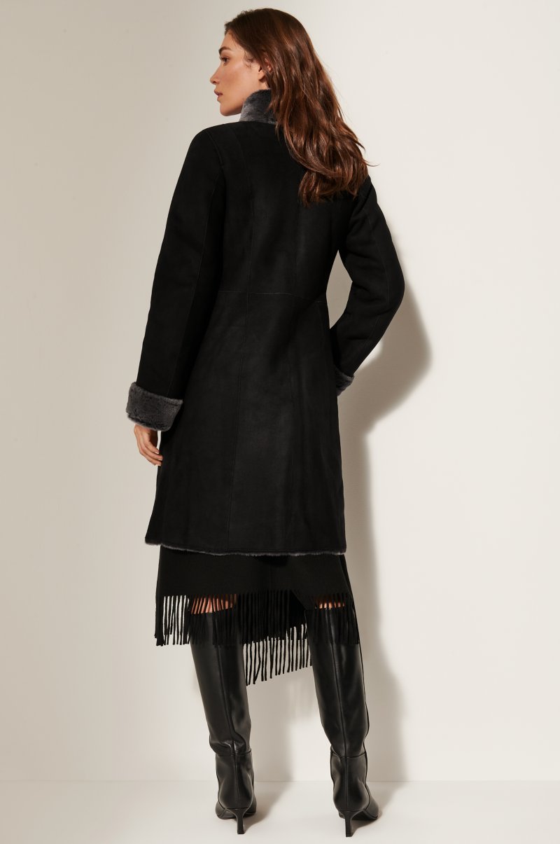 Women's Black Fur & Shearling Long Leather Coat