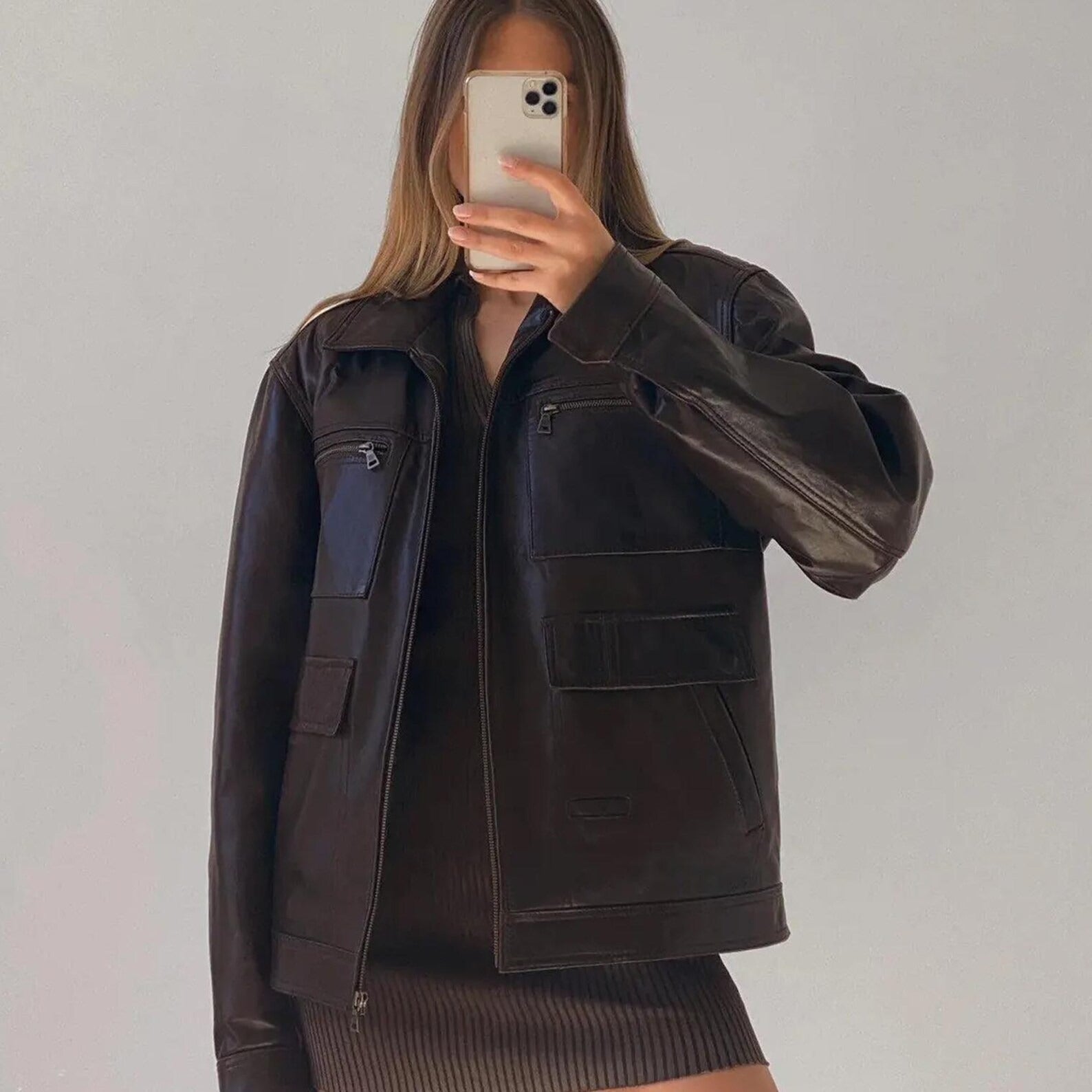 Women's Genuine Chocolate Brown Lightweight oversized Straight Cut Leather Jacket