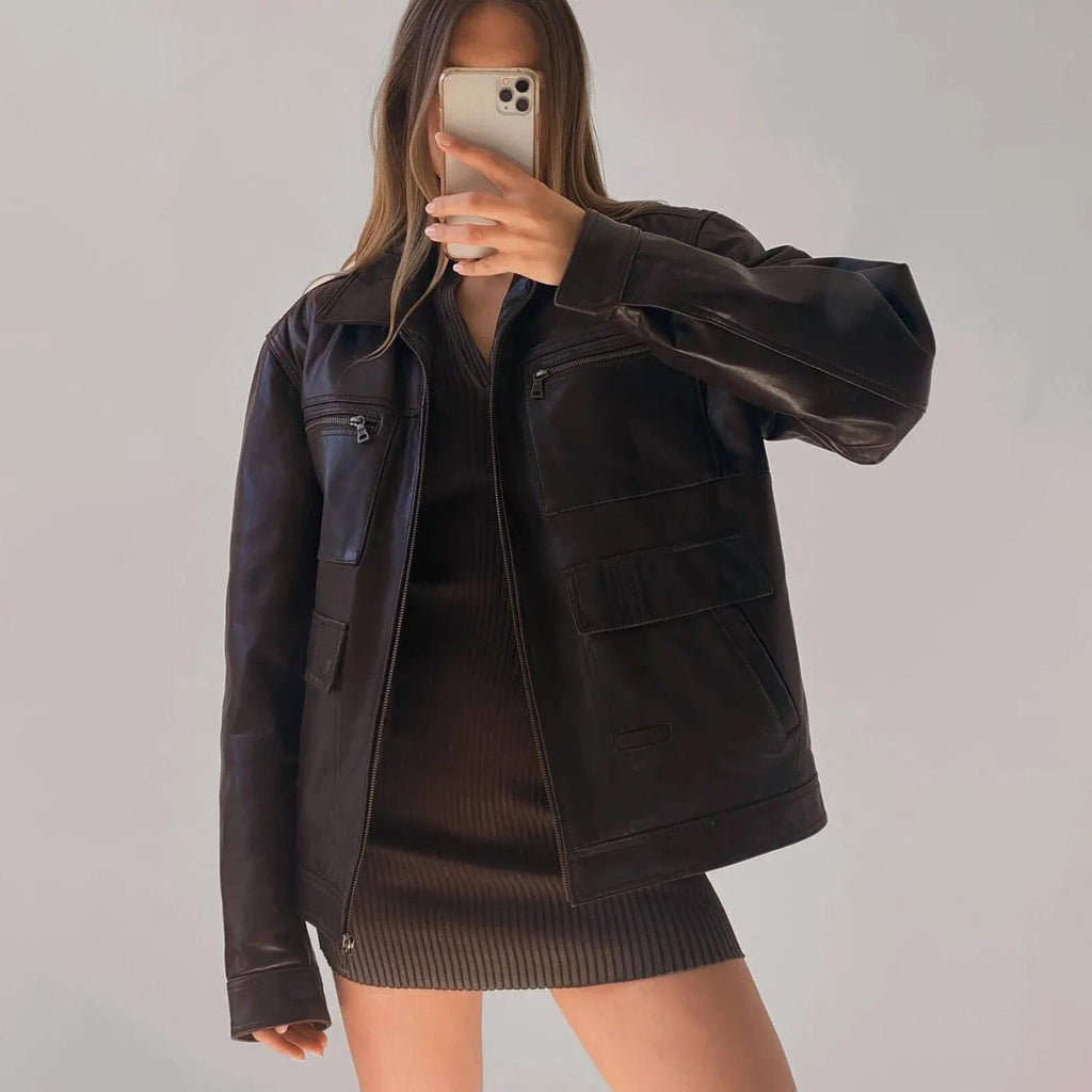 Women's Genuine Chocolate Brown Lightweight oversized Straight Cut Leather Jacket