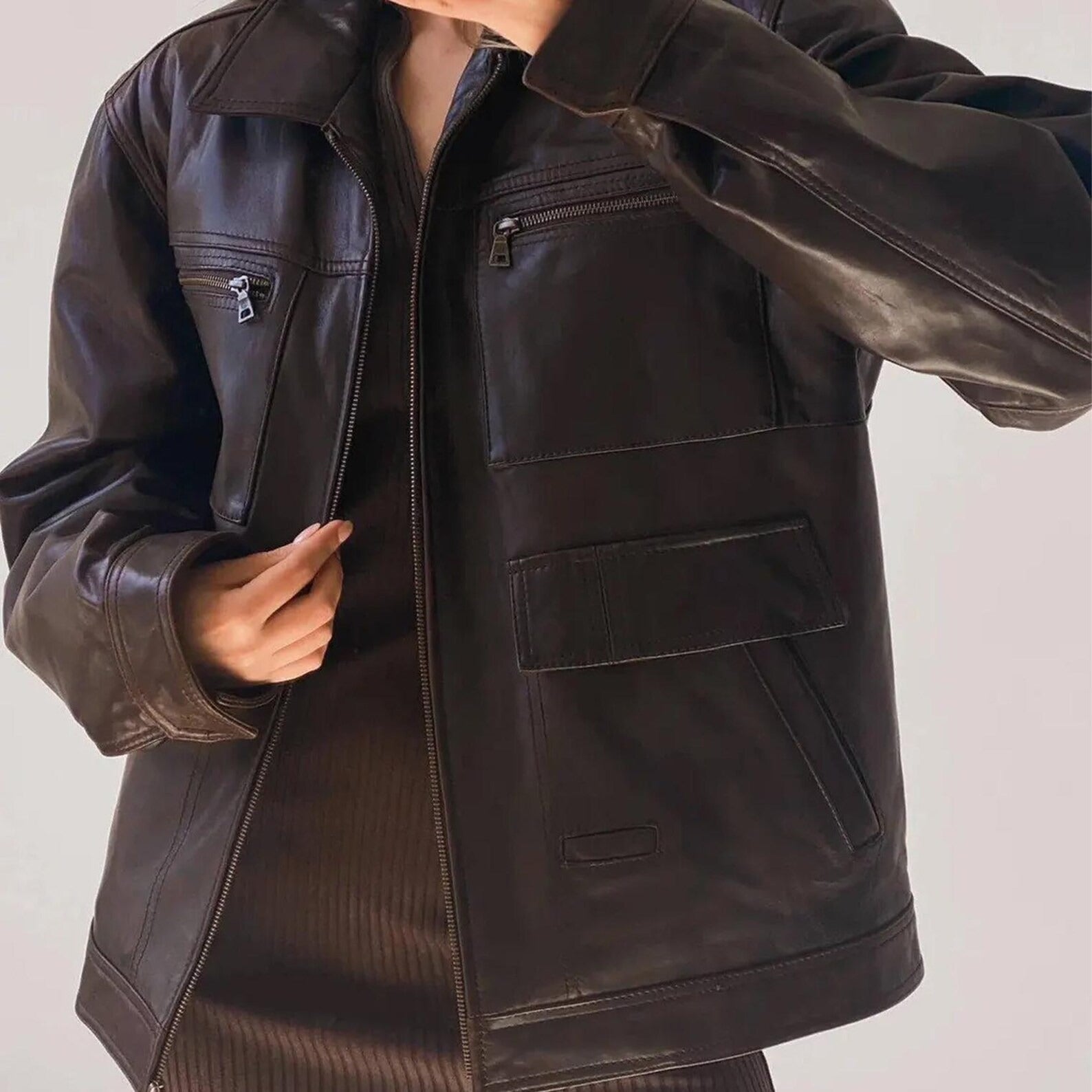 Women's Genuine Chocolate Brown Lightweight oversized Straight Cut Leather Jacket