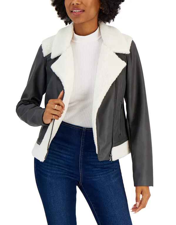 Graue Shearling-Lederjacke für Damen