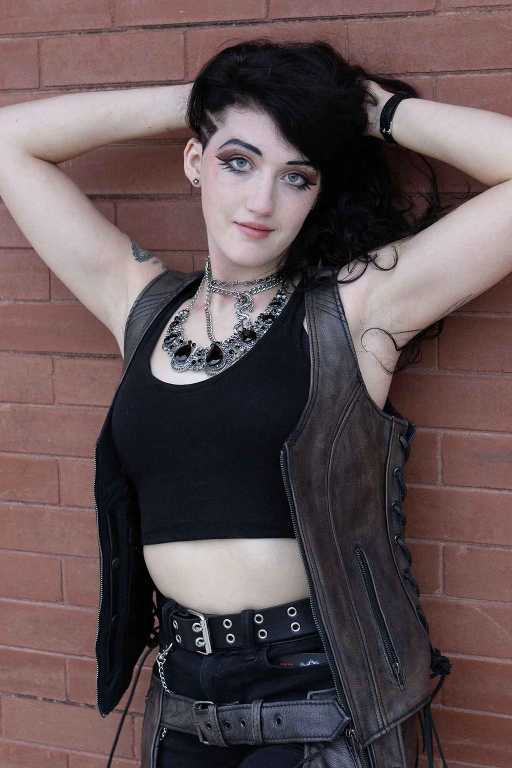 Women's Gray V-Neck Distressed Leather Vest