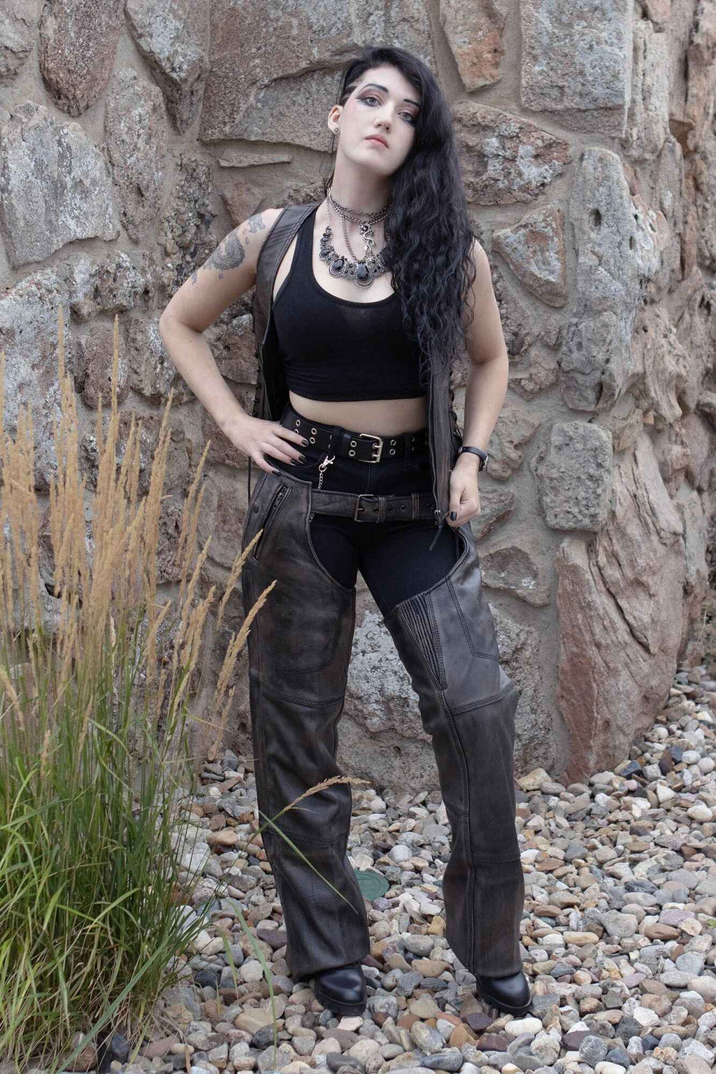 Women's Gray V-Neck Distressed Leather Vest