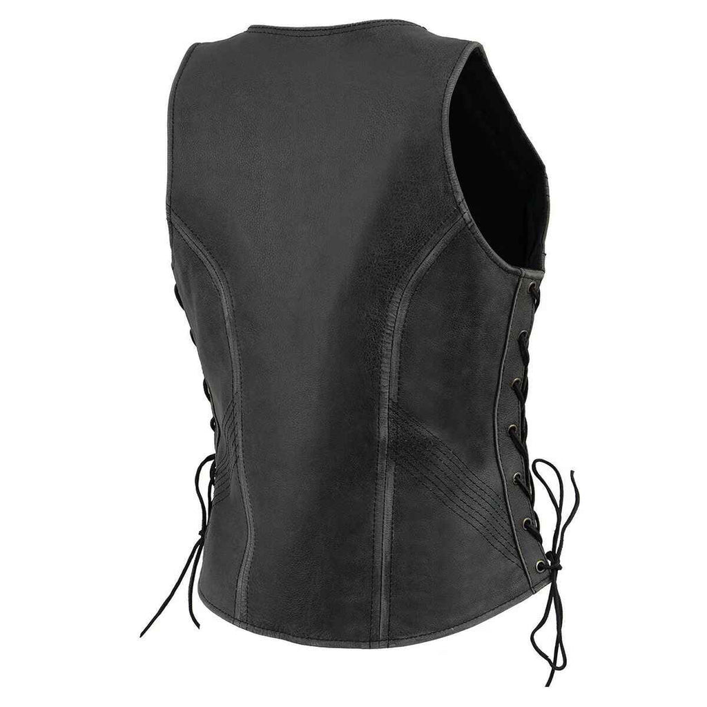 Women's Gray V-Neck Distressed Leather Vest