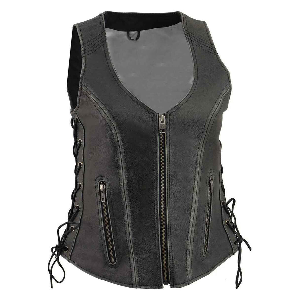 Women's Gray V-Neck Distressed Leather Vest