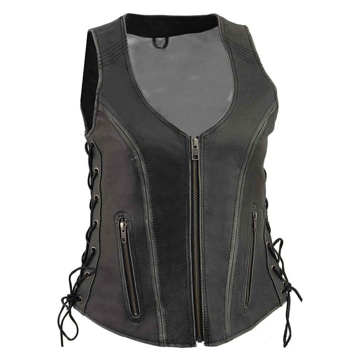 Women's Gray V-Neck Distressed Leather Vest