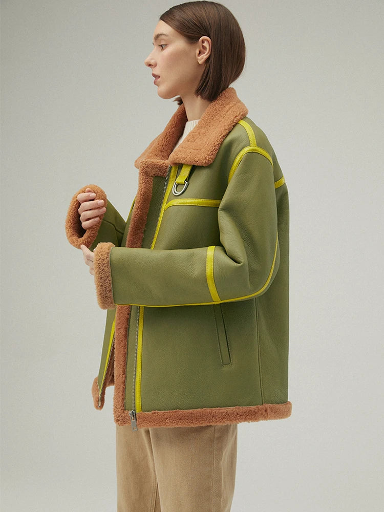 Women's Green Fur & Shearling Short Oversize Leather Coat