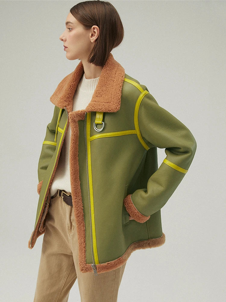 Women's Green Fur & Shearling Short Oversize Leather Coat