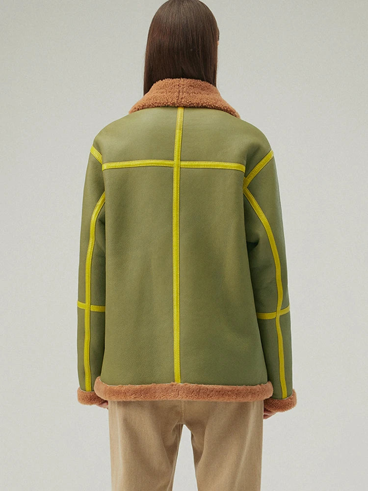 Women's Green Fur & Shearling Short Oversize Leather Coat