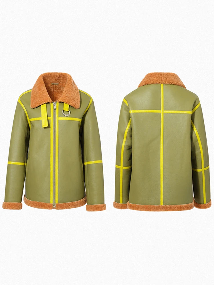 Women's Green Fur & Shearling Short Oversize Leather Coat