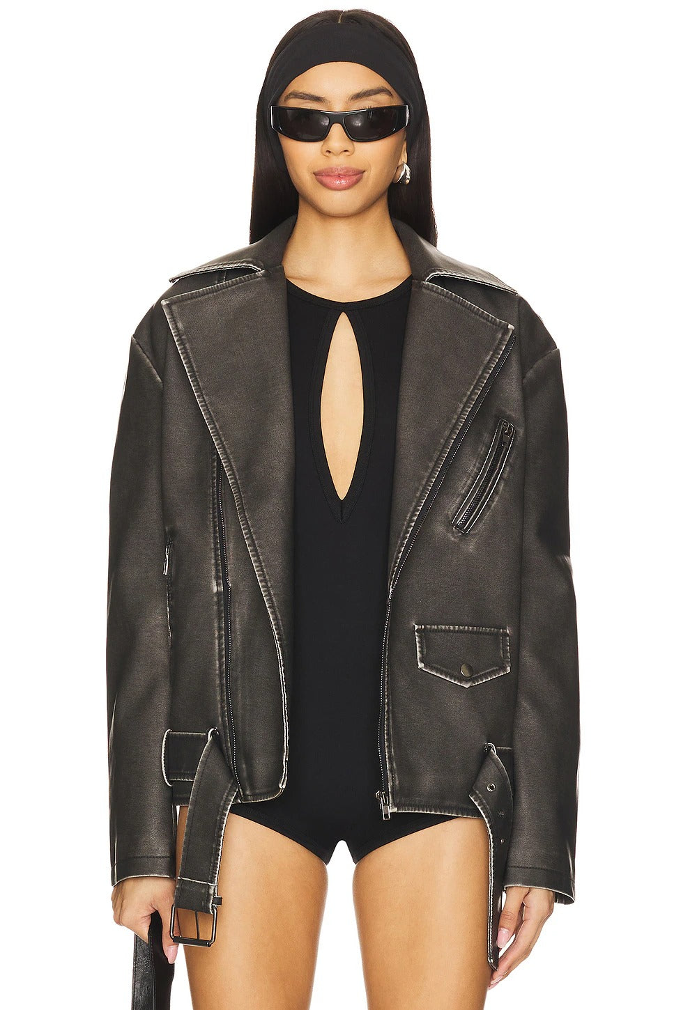 Graue Bikerjacke aus Leder für Damen 