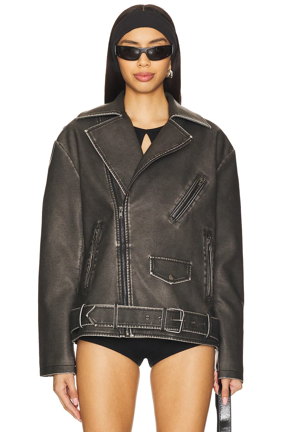 Women's Grey Leather Biker Jacket