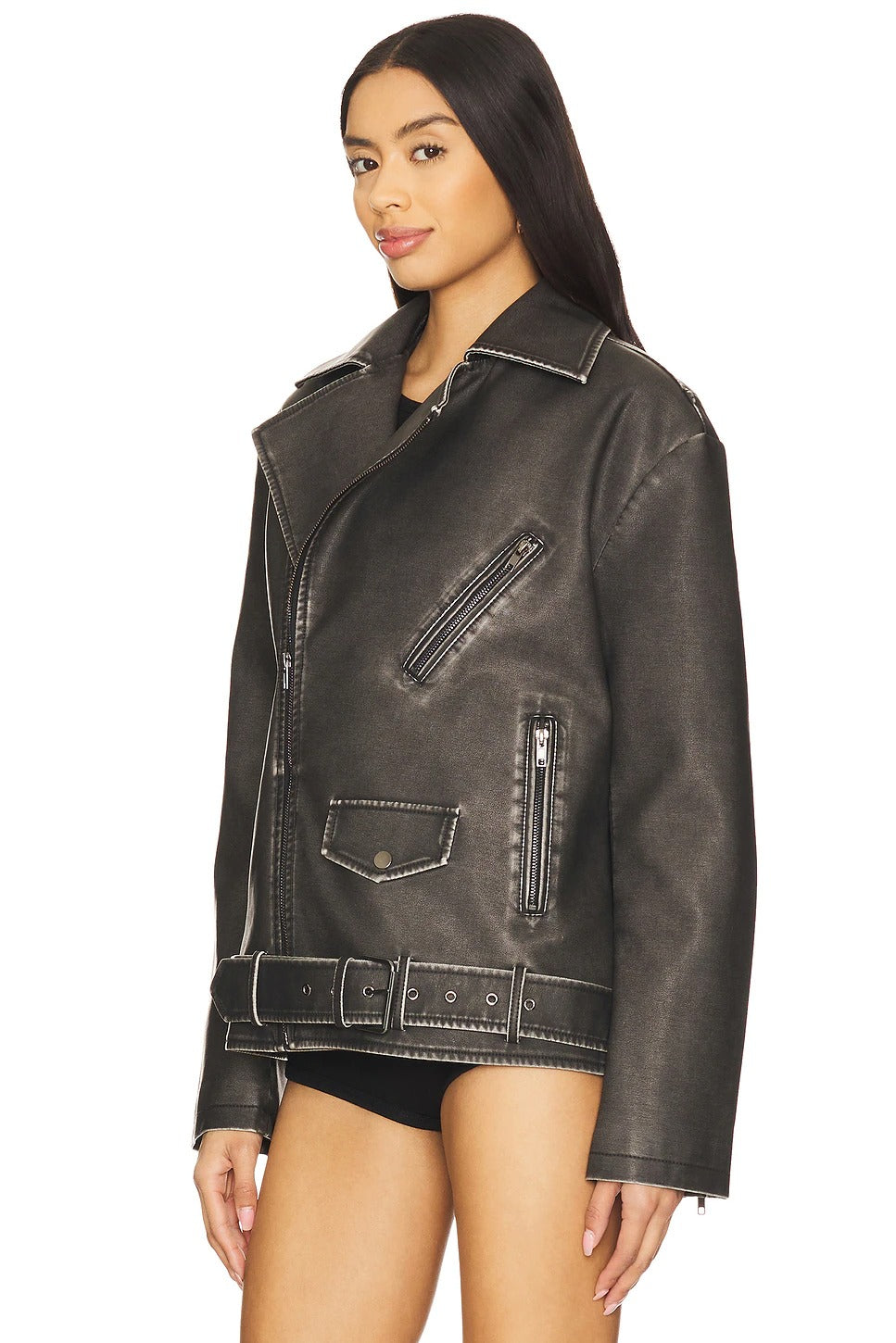 Women's Grey Leather Biker Jacket