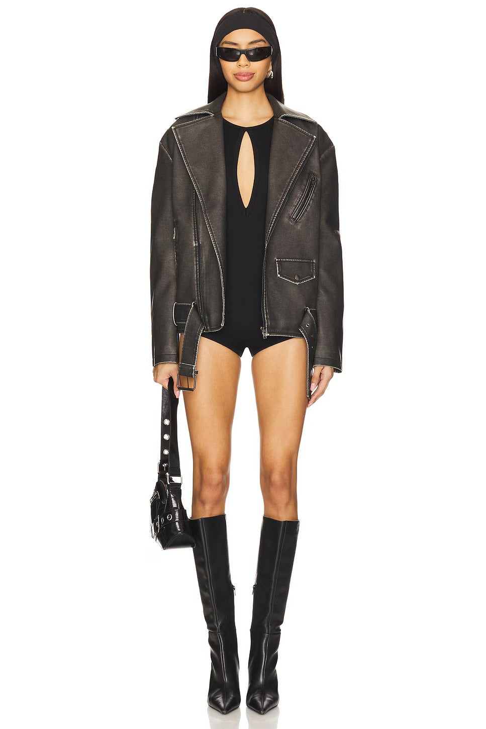 Graue Bikerjacke aus Leder für Damen 