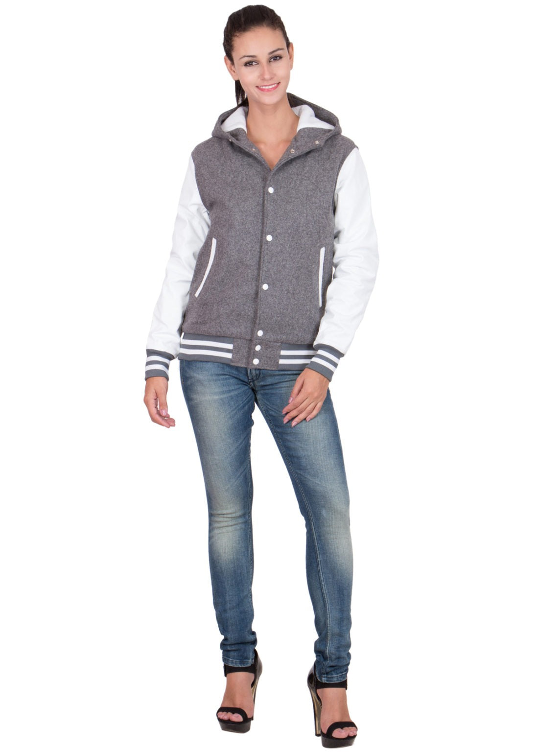 Women's Grey WOOL BODY HOOD VARSITY JACKET