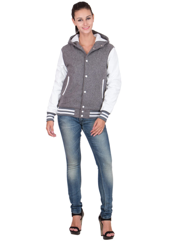 Women's Grey WOOL BODY HOOD VARSITY JACKET