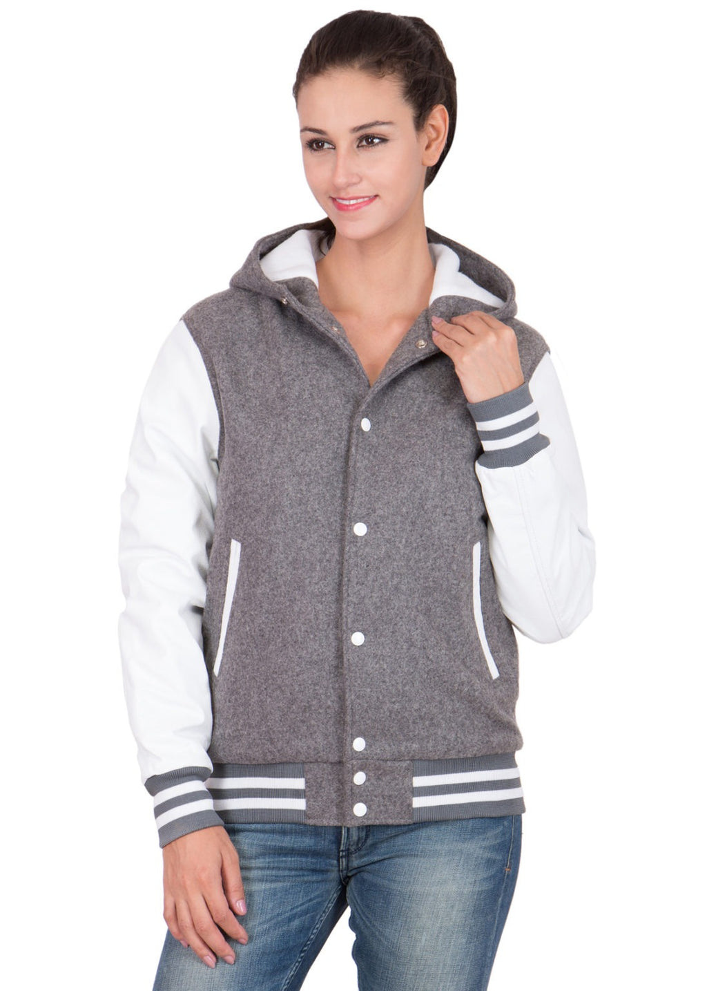 Women's Grey WOOL BODY HOOD VARSITY JACKET