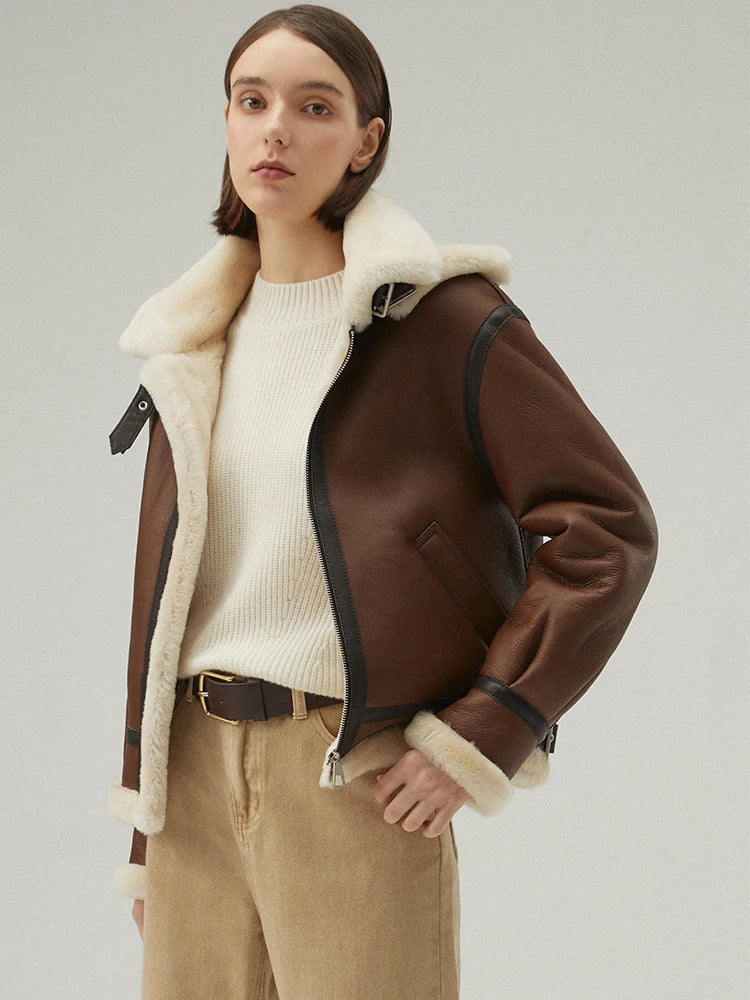Women's Hooded B-3 Bomber Fur & Shearling Jacket Brown/Cream