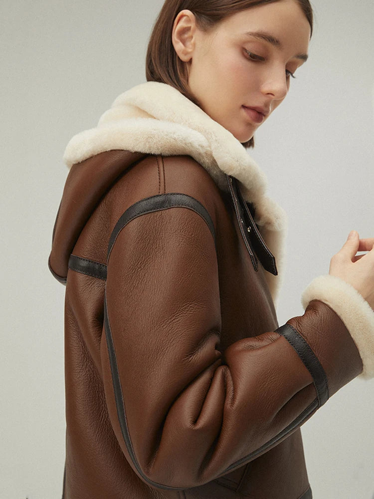 Women's Hooded B-3 Bomber Fur & Shearling Jacket Brown/Cream
