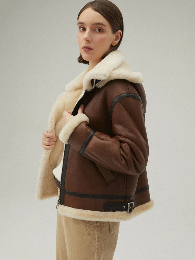 Women's Hooded B-3 Bomber Fur & Shearling Jacket Brown/Cream