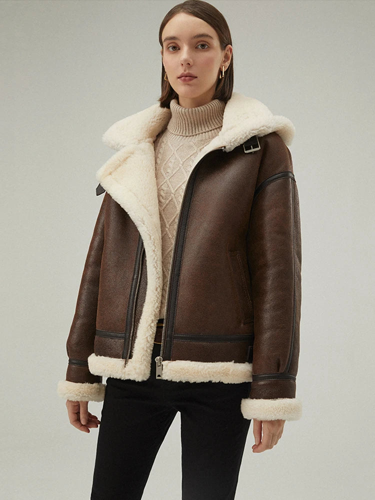 Women's Hooded Fur & Shearling Sheepskin Leather Jacket