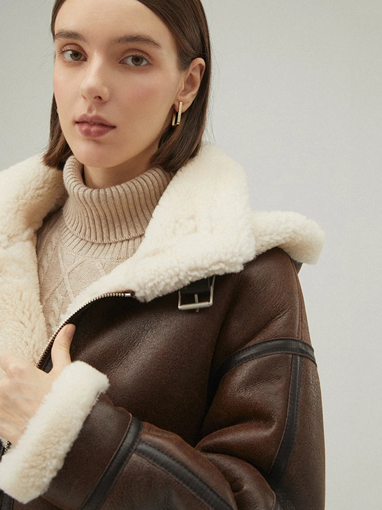 Women's Hooded Fur & Shearling Sheepskin Leather Jacket